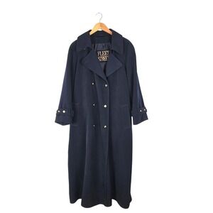 Vtg Fleet Street Womens Navy Double Breasted Maxi Trench Coat Belted 16W Coastal